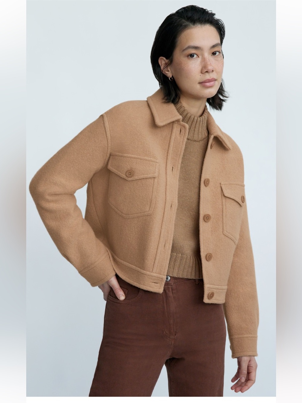 Aritzia Wilfred Free Autumn Shirt Jacket Boxy merino wool utility shacket Tan M